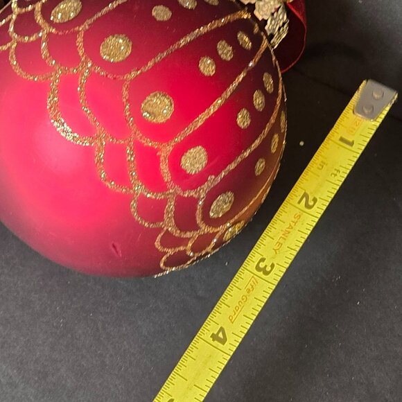 Frontgate Red Glass Christmas Ornaments Set 2 Gold Glitter Dot Stripe Design 4" - Picture 7 of 8
